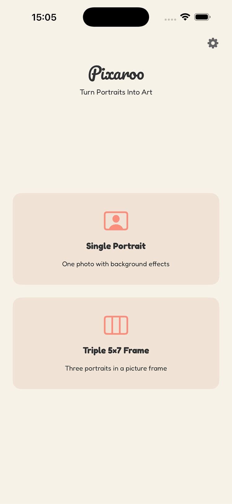 Pixaroo home screen with Single Portrait and Triple 5x7 Frame capture modes