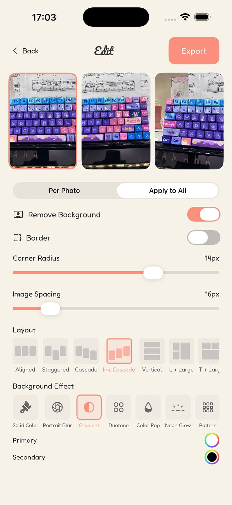 Pixaroo editor with layout presets, background effects, and border controls